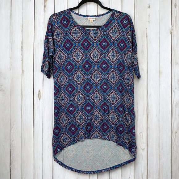 Lularoe Irma Half Sleeve Tunic High Low Polyester Blend Sz XXS Blue Red Diamond - Picture 1 of 7
